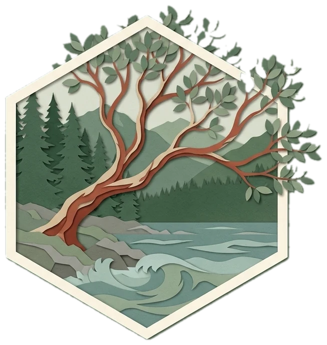 Everwild arbutus emblem: an arbutus tree leaning over a rocky shoreline and waves, framed in a hexagon