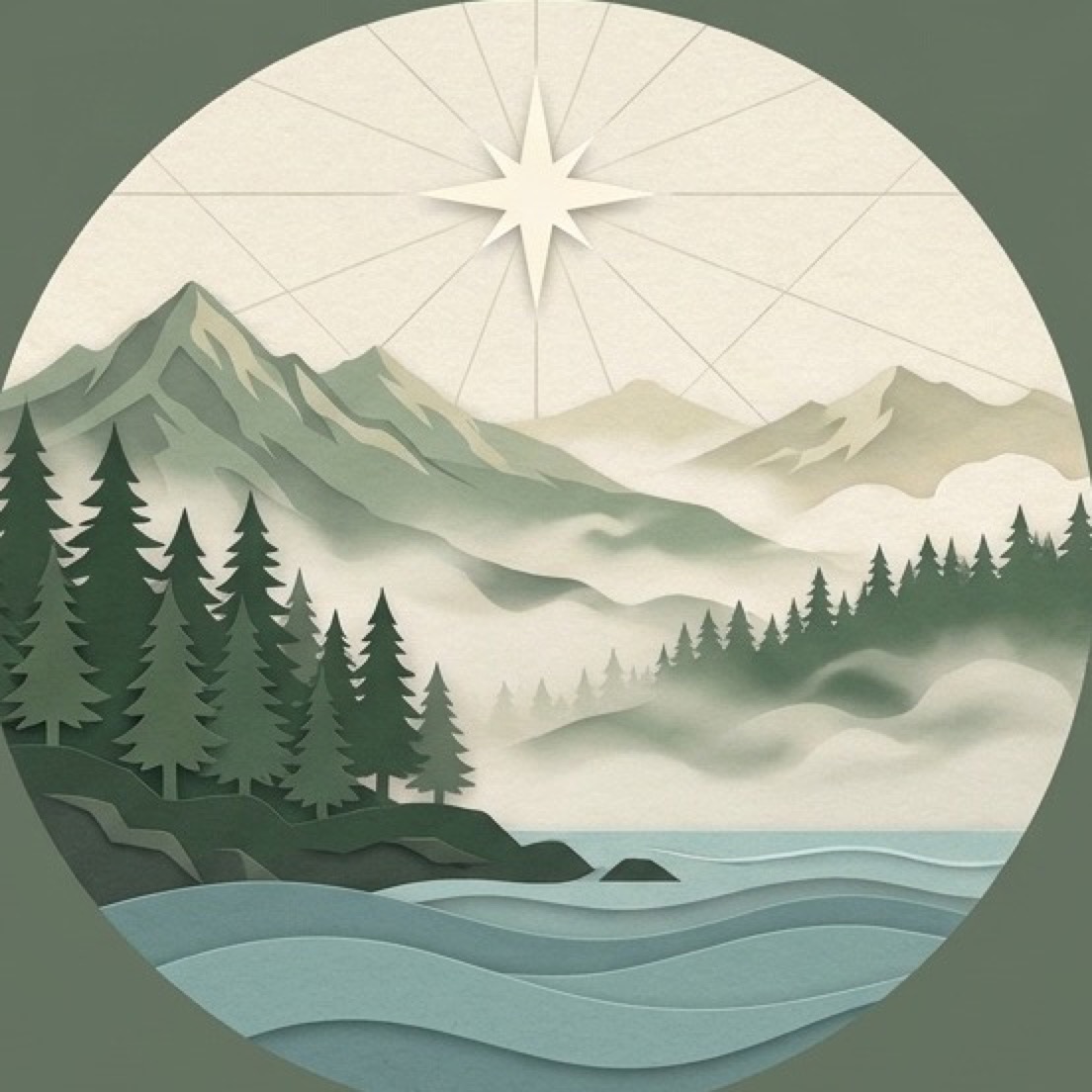 Everwild compass emblem: a north star over layered mountains, cedar forest and coastal water
